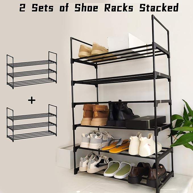 Shoe Rack Organizer, 3-Tier Reversible Metal Space Saving Shoe Storage Shelf - for Entryway, Closet, Front Door, Bedroom, Garage & Corridor-Closet Organizer, Garage Storage Shelves (Black)