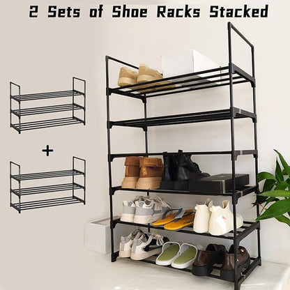 Shoe Rack Organizer, 3-Tier Reversible Metal Space Saving Shoe Storage Shelf - for Entryway, Closet, Front Door, Bedroom, Garage & Corridor-Closet Organizer, Garage Storage Shelves (Black)