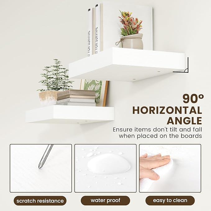 12 Inch Deep Floating Shelves | 16 Inch White Floating Shelves Set of 2 | Rustic White Deep Shelves for Wall | White Wall Shelves for Living Room Bathroom Kicthen Bedroom