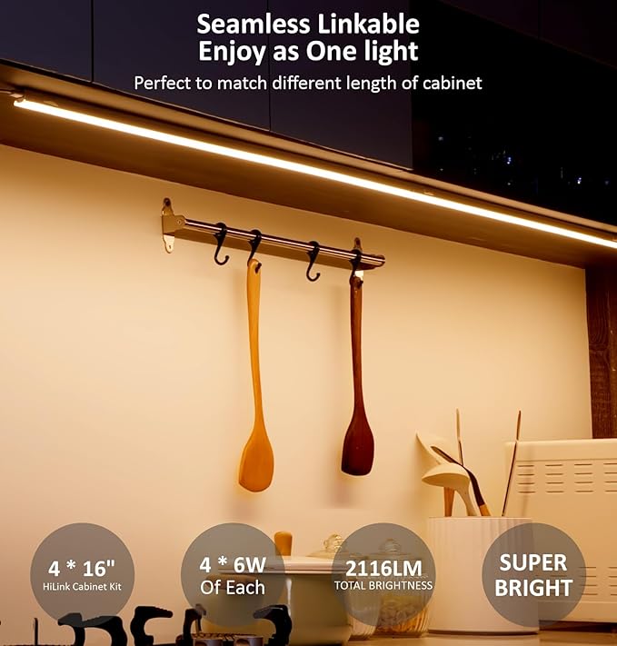 Under Cabinet Lighting Plug in, 16 Inch 4 Pcs, Linkable AC120V 3CCT 3000K/4000K/5000K Ultra Slim, LED Under Cabinet Lights for Counter Light, Kitchen, Shelf, Sink, Workshop, Desk, Bronze
