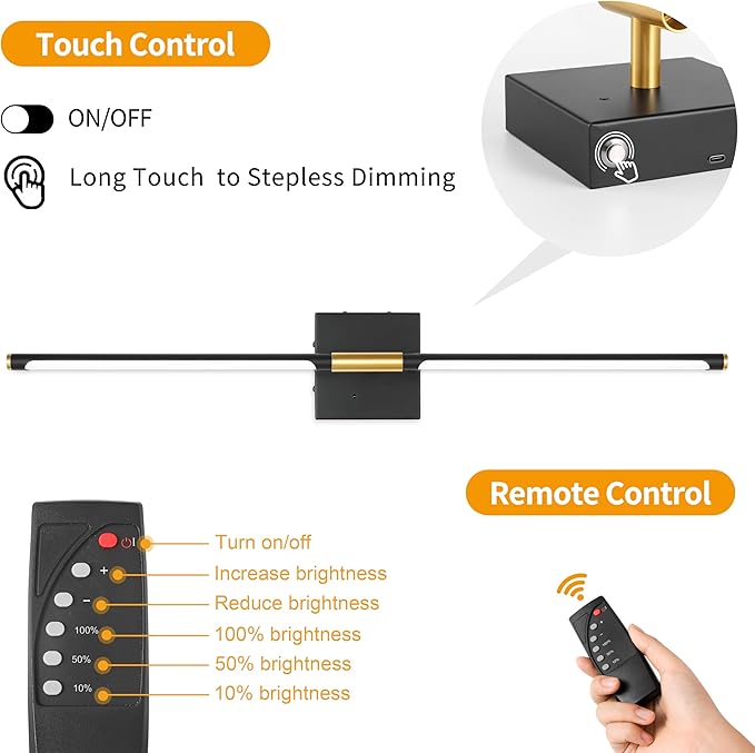 36 Inch Battery Operated Wall Sconces Set of 2, Dimmable Battery Wall Sconce with Remote Control, Black Gold LED Rechargeable Sconces, Modern Wireless Wall Lights for Bedroom, Living Room
