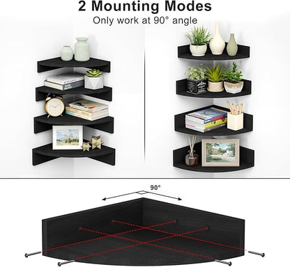 Alsonerbay Black Corner Wall Shelf, Floating Shelves Wall Mount Set of 4, Rustic Wood Shelves for Bedroom, Living Room, Bathroom, Entryway, Garage | for Bedroom, Living Room, Bathroom, Entryway, Garage