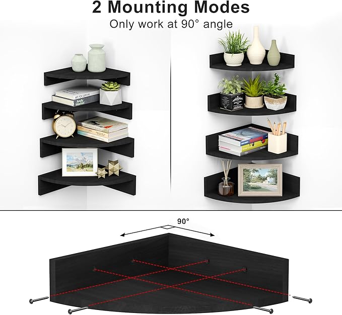 Alsonerbay Black Corner Wall Shelf, Floating Shelves Wall Mount Set of 4, Rustic Wood Shelves for Bedroom, Living Room, Bathroom, Entryway, Garage | for Bedroom, Living Room, Bathroom, Entryway, Garage