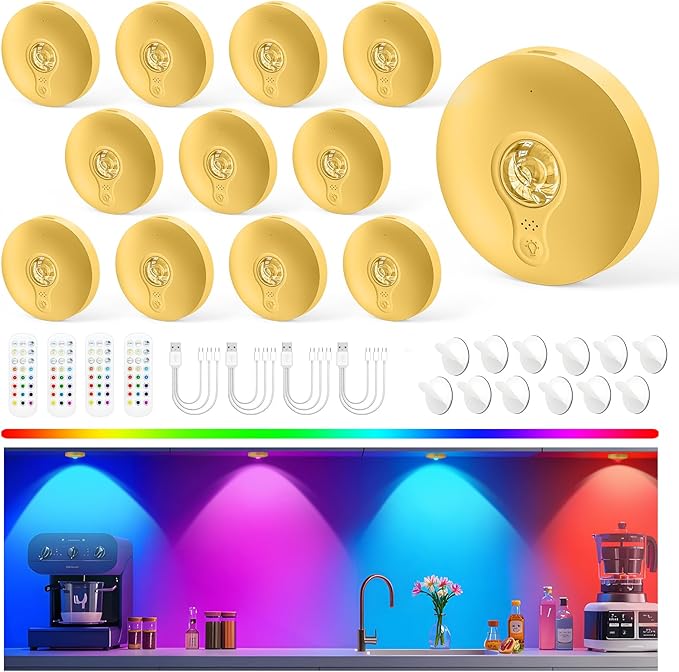 Yiliaw Rechargeable Puck Lights with Remote, Magnetic Under Cabinet Lighting, 1500mAh Battery Operated LED Tap Lights with Dimmer & Timmer for Kitchen, Closet, Shelf，Gold-3 Color Temps-12RGB，12-Pack