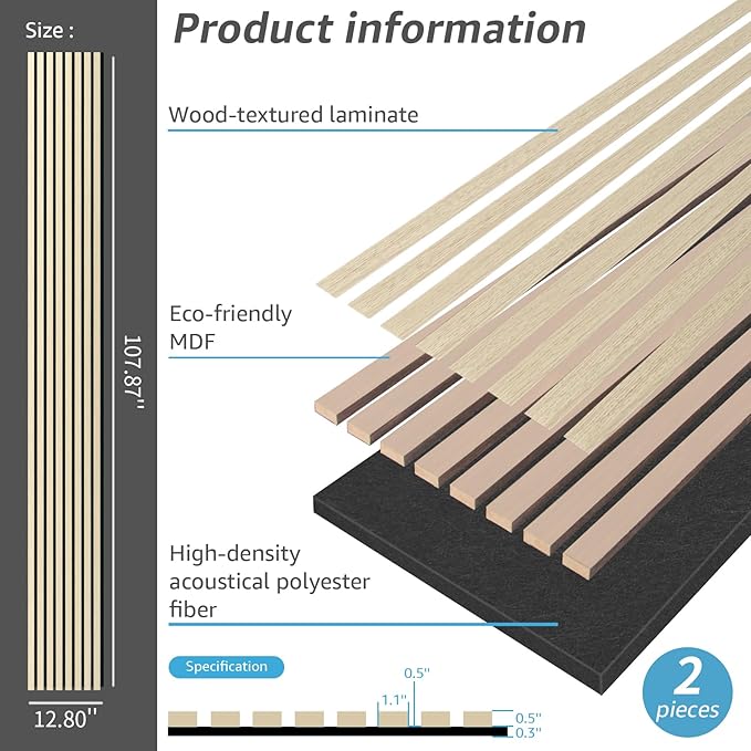 Art3dwallpanels Wood Slat Wall Panel, 108'' x 13'' Wood Panels for Wall 2 Pack 3D Soundproof Wall Panels, Large Acoustic Panels Sound Absorbing for Interior Ceiling and Wall Decor Noise Reduction,Oak