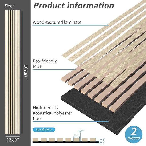 Art3dwallpanels Wood Slat Wall Panel, 108'' x 13'' Wood Panels for Wall 2 Pack 3D Soundproof Wall Panels, Large Acoustic Panels Sound Absorbing for Interior Ceiling and Wall Decor Noise Reduction,Oak