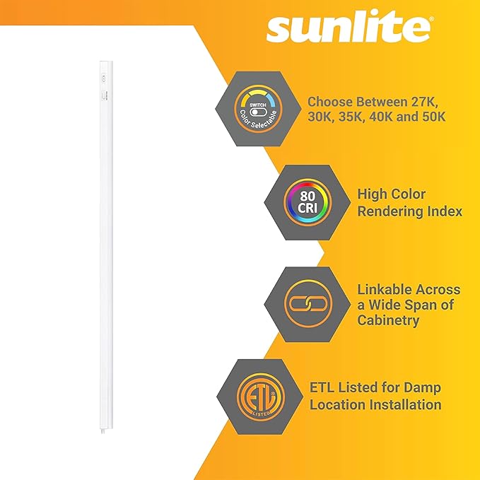 Sunlite LED Under Cabinet Lighting Plug in 34 Inch Linkable Under Counter Lights for Kitchen 12 Watts, 120 Volts, 1200 Lumens, Adjustable 3 CCT 3000K-5000K, 50,000 Hour Lifespan, ETL Listed LED Light