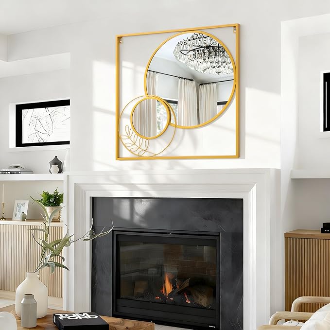 Gold Metal Mirror Set, Square Large Wall Mounted Mirror Golden Modern Artistic Decorative Mirrors for Bedroom Living Room Entryway 30x30 Inch Decor