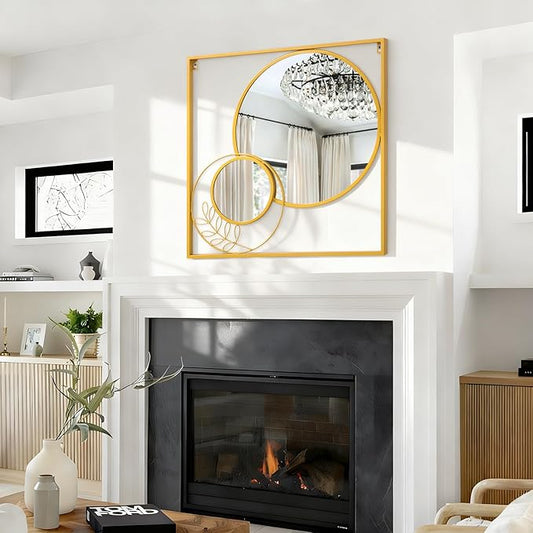 Gold Metal Mirror Set, Square Large Wall Mounted Mirror Golden Modern Artistic Decorative Mirrors for Bedroom Living Room Entryway 30x30 Inch Decor