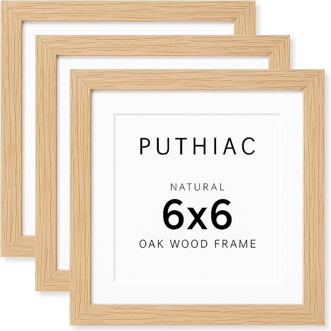 puthiac 6x6 Solid Oak Wood Picture Frame, Fits 4x4 with Mat or 6x6 Without Mat, Wall or Tabletop Display with Stand, Plexi Front, 3 Pack, Natural Oak