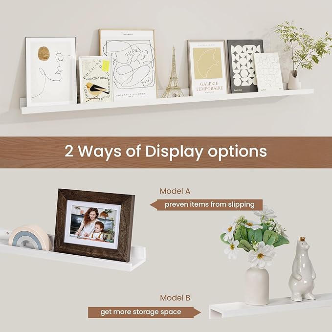 Picture Ledge Shelf, Solid Pine Wood Floating Shelves Set of 2, 48 Inches Nursery Book Shelves for Toys Storage, Kids Bookshelf Wall Mounted for Living Room Bedroom Decor Books Photo Frames, White
