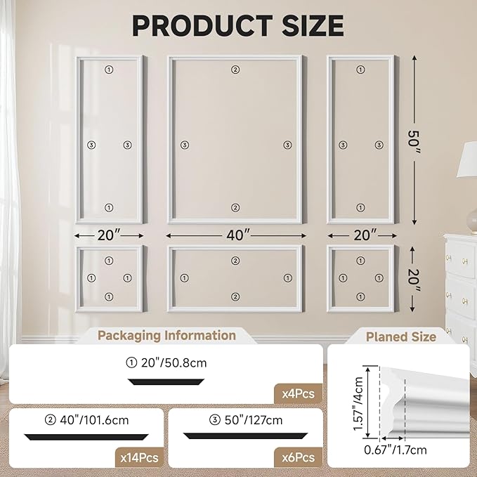 TONGMO 6-Frame Premade Accent Wall Molding Kit, Ready-to-Assemble Wainscoting Panels, Pre-Cut Chair Rail Moulding Trim for Home Décor (6-Frame Style 1)