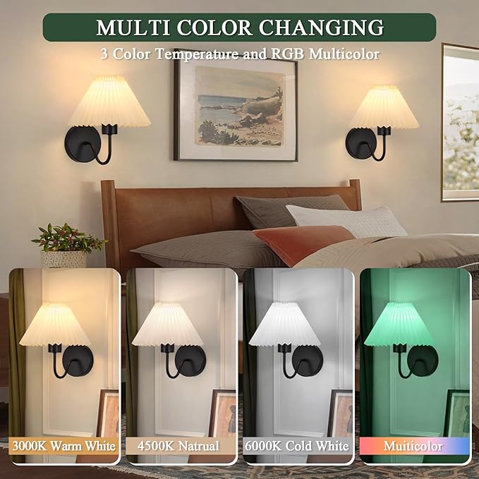 ADISUN Wall Sconces Sets of 2 RGB Battery Operated Wall Sconces for Bedroom Dresser Classic Black Wall Lamp with Remote for Living Room Bathroom Dining Room Corridor Staircase (2 Bulbs Included)