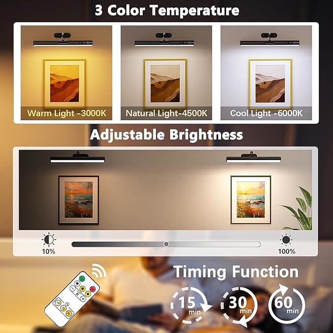 Wireless Rechargeable Picture Light, Battery Operated Art Wall Sconce with Remote Control, Magnetic Dimmable LED Picture Frame Lights for Paintings Mirror Portrait Gallery Dart Board Indoor - Black