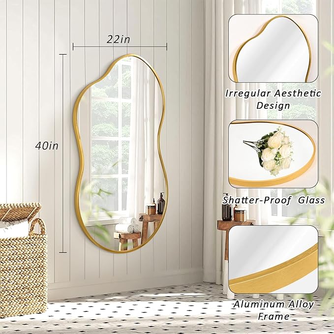 JJUUYOU Wall Mirror Irregular Metal Framed Decorative Gold Mirrors Large 22"x40" Asymmetrical Modern for Bedroom Living Room Entryway Hallway Hanging Home Decor