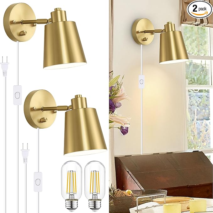 Dimmable Wall Sconces Plug in, Adjustable Angle Wall Lamps with Plug in Cord and Dimmer On/Off Knob Switch, Gold Wall Light with Metal Shade for Bedroom Bedside Doorway (2 Bulbs Included)