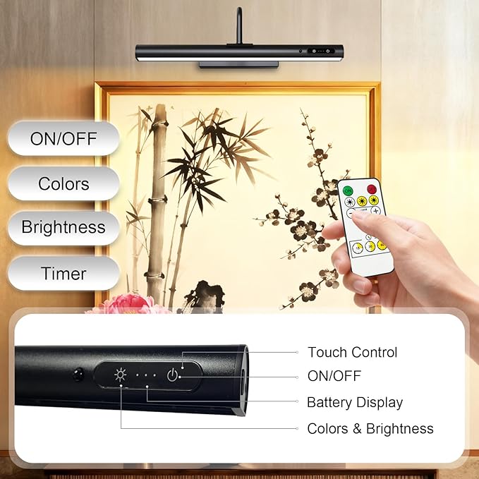 Picture Lights Wall Battery Operated, 14" 6000mAh Rechargeable Display Light with Remote/Rotatable/Dimmable/3CCT Magnetic Wireless Lamp for Painting/Gallery/Artwork/Portraits/Phote/Frame/Poster(Black)