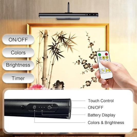 Picture Lights Wall Battery Operated, 14" 6000mAh Rechargeable Display Light with Remote/Rotatable/Dimmable/3CCT Magnetic Wireless Lamp for Painting/Gallery/Artwork/Portraits/Phote/Frame/Poster(Black)