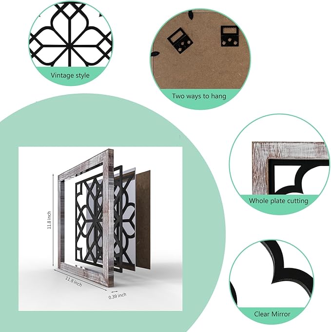 ZEXUIRU Set of 4 Wooden Rustic Square Wall Mirror Vintage Style Decorative Entry Mirror Farmhouse Wall Decoration for Living Room Bedroom Bathroom Kitchen 11.8 * 11.8inch Brown…