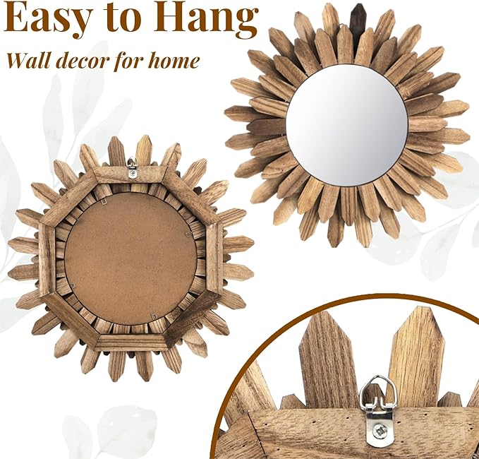 Wall Mirror Decorative, 12 inch Small Rustic Wood Boho Mirrors, Clear Sunburst Mirrors for Home Farmhouse Bedroom Entryway Decor House Warming Gifts New Home, No Distortion
