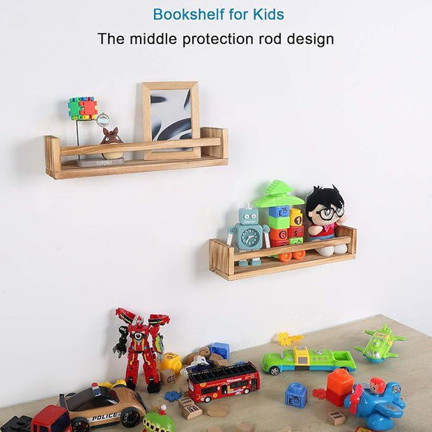 Nursery Book Shelves, Set of 2 Wood Floating Book Shelves for Kids Room, Kitchen Spice Rack, or Rustic Wall Mounted Shelves for Farmhouse Bathroom Décor (carbonized)