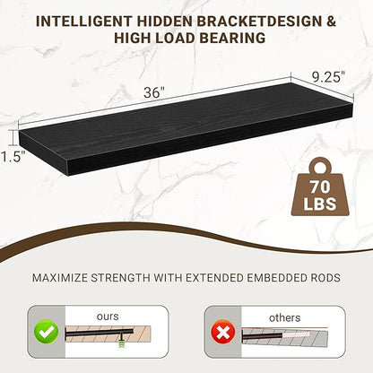 36 Inch Floating Shelves, 36"x9.25"x1.5" Inch Deep Floating Shelves for Wall, Wooden Shelves for Bathroom, Bedroom, Living Room, Black, 2 Pieces