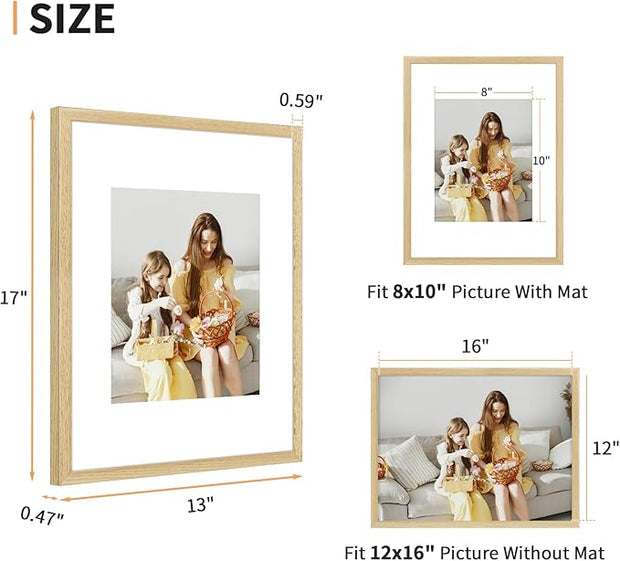 ATOBART 12x16 Picture Frame Set of 4, Displays 8x10 with Mat or 12x16 Without Mat, Photo Frames for Wall Hanging or Tabletop, Includes HD Plexiglass, Natural Wood Grain
