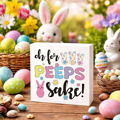Easter Decorations for Home Funny Bunny Wooden Box Sign, Oh For Peeps Sake Easter Decor, Rustic Easters Desk Decorations, Easters Office Decor for Work Spring Farmhouse Shelf Plaque