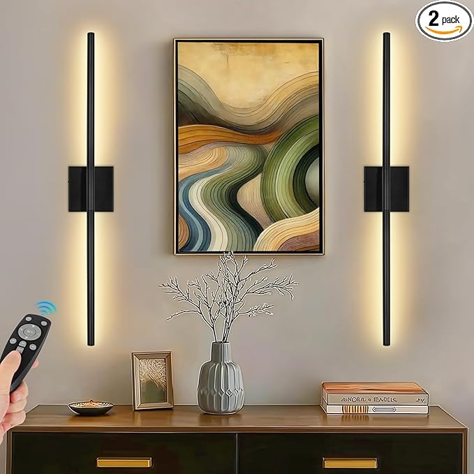 Battery Operated Wall Sconces Set of Two, Battery Wall Sconce with Remote Control, Black Modern LED Rechargeable Sconces, Wall Lights for Bedroom, Living Room, 2Pack, 31.5Inch