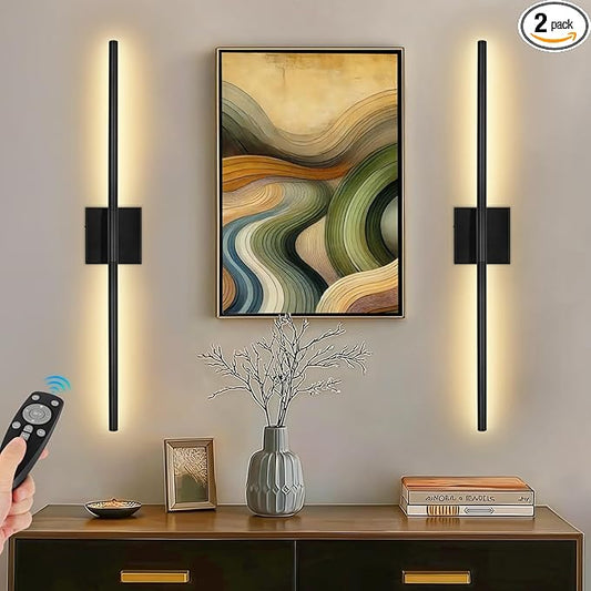 Battery Operated Wall Sconces Set of Two, Battery Wall Sconce with Remote Control, Black Modern LED Rechargeable Sconces, Wall Lights for Bedroom, Living Room, 2Pack, 31.5Inch