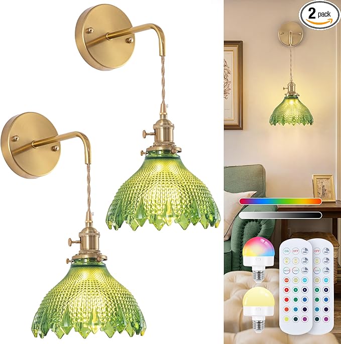 Battery Operated Wall Sconce Set of 2, Rechargeable Battery-Powered Wall Light with Green Glass Lampshade,Wireless Indoor Wall Lamp with Remote Control for Living Room Bedroom