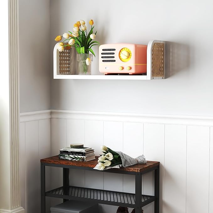 White Rattan Wall Shelf, Wooden Hanging Bookshelf Storage, Cute Nursery Shelves Wall Mounted, Boho Decorative Floating Shelves for Kids Room, Living Room, Play Room, Bedroom
