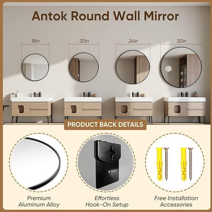 Antok 30 Inch Round Mirror for Wall, Round Bathroom Mirror, Circle Wall Mirrors with Black Metal Frame, Circle Mirrors Suitable for Wall, Bathroom, Vanity, Living Room, Entryway
