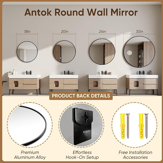 Antok 30 Inch Round Mirror for Wall, Round Bathroom Mirror, Circle Wall Mirrors with Black Metal Frame, Circle Mirrors Suitable for Wall, Bathroom, Vanity, Living Room, Entryway