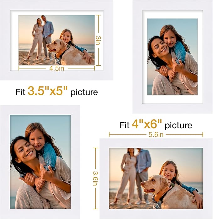 Vittanly 4x6 Picture Frame Set of 4, Display Pictures 3.5x5 with Mat or 4x6 without Mat, Engineered Wood with Shatter Resistant Plexiglass, Small Photo Frames for Wall or Tabletop Display, White