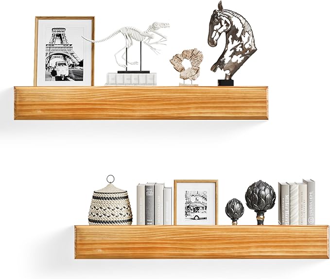 24 Inch Picture Ledge Shelf with Lip,Floating Shelves for Wall, Set of 2 Solid Pine Wood Shelves with Invisible Brackets, Wall Storage for Living Room, Bedroom, Kitchen, Bathroom(Carbonized Brown)