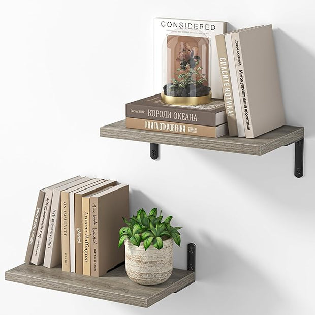 Marsmiles Extra Wide Floating Shelves for Wall, 16x8 Inch Natural Wood Grain Bookshelves, Heavy Duty Mounted Shelving for Bathroom, Kitchen, Living Room, Bedroom,Set of 2，Grey