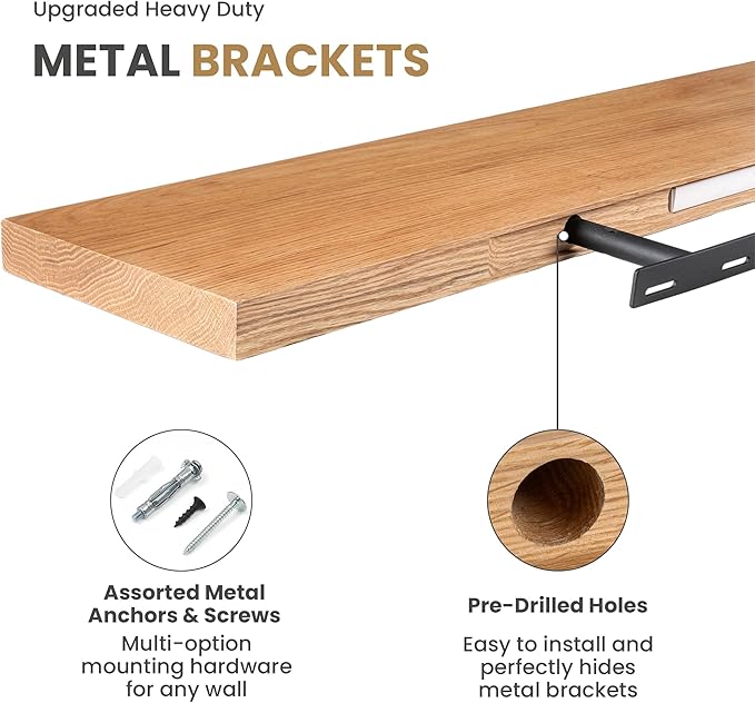 RICHFOCUS Floating Shelves for Wall 72 Inch Solid USA-Sourced Oak Wooden Shelves for Bathroom Kitchen 9" Deep Modern Wood Shelf with Heavy-Duty Bracket for Wall Mounted, Natural Finish