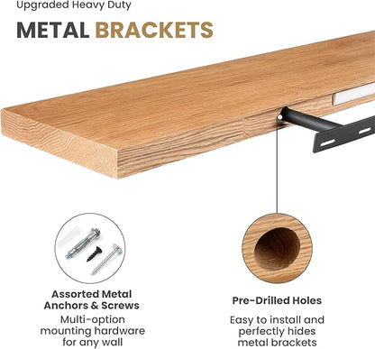 RICHFOCUS Floating Shelves for Wall 72 Inch Solid USA-Sourced Oak Wooden Shelves for Bathroom Kitchen 9" Deep Modern Wood Shelf with Heavy-Duty Bracket for Wall Mounted, Natural Finish