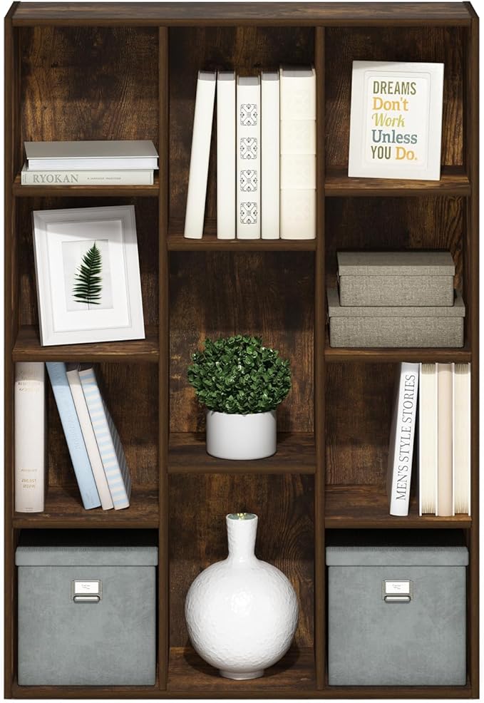 Furinno LUDER Book Shelf, 11-Cube Bookshelf, Reversible Bookcase, 9.4 x 29.1 x 41.7, for Living Room, Bedroom, Home Office, Amber Pine