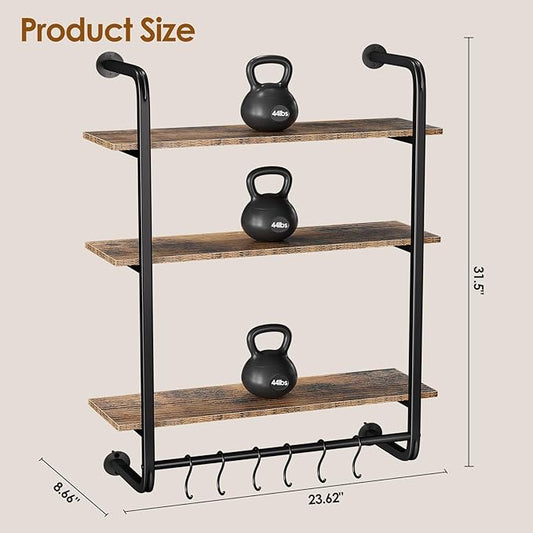 3 Tier Industrial Pipe Shelving, 24" Kitchen Shelves Wall Mounted with 6 Hooks, Coffee Bar Shelves Display Bookshelf Wall Shelf for Bedroom, Bathroom, Home Décor, Rustic Brown