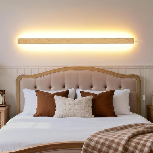 Modern Plug in Long Wall Sconce, 39.3" Faux Wood Texture Finish LED Wall Lights, 20W Warm White 3000K Acrylic Indoor Wall lamp, with 59" Plug Cable for Bedroom, Living Room, Hallway