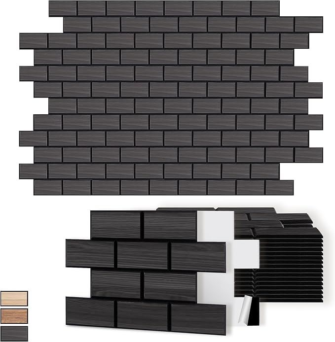 WoveN SounD Brick Acoustic Wall Panels, 16 Pack 16x12 Inch, Wood Veneer Carved Sound Proof Wall Decor, Self-Adhesive for Home, Studio, Office & Focus Zones, Black Oak