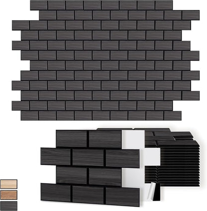 WoveN SounD Brick Acoustic Wall Panels, 16 Pack 16x12 Inch, Wood Veneer Carved Sound Proof Wall Decor, Self-Adhesive for Home, Studio, Office & Focus Zones, Black Oak