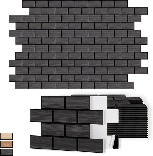 WoveN SounD Brick Acoustic Wall Panels, 16 Pack 16x12 Inch, Wood Veneer Carved Sound Proof Wall Decor, Self-Adhesive for Home, Studio, Office & Focus Zones, Black Oak