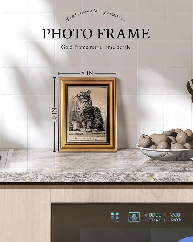 VIYYIEA Gold Small Framed Canvas Art, Vintage Cat Art Prints,8x10Inch, Retro Cat Lovers Decor for Home Bedroom Coffee Bar Office Shelf, Funny Animal Sketch Poster