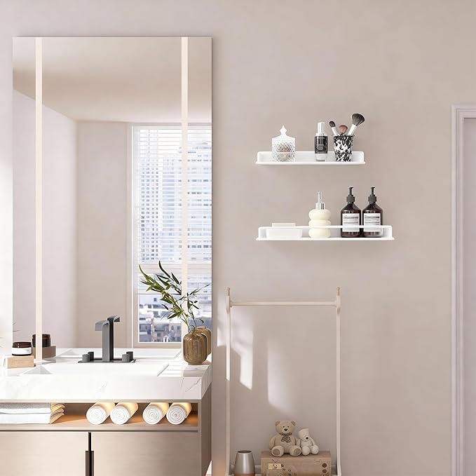 Metal Wall Shelf, Metal Floating Shelf, Black Floating Shelf, Small Shelf for Wall, Display Shelves for Bathroom Bedroom Kitchen (White, 16Inch)