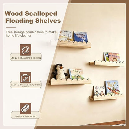 Scalloped Shelves for Nursery - Wall Book Shelves for Bedroom Kids, Nursery Bookshelf for Wall Set of 4, Floating Book Shelves Solid Wood,16 Inch, Natural