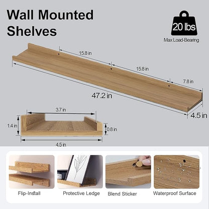 Long Floating Shelves for Wall Decor, Long Wall Mounted Storage Shelf for Bedroom, Living Room, Bathroom, Kitchen, Nursery, Display Picture Ledge Shelf with Lip Set of 2-48 Inches, Oak