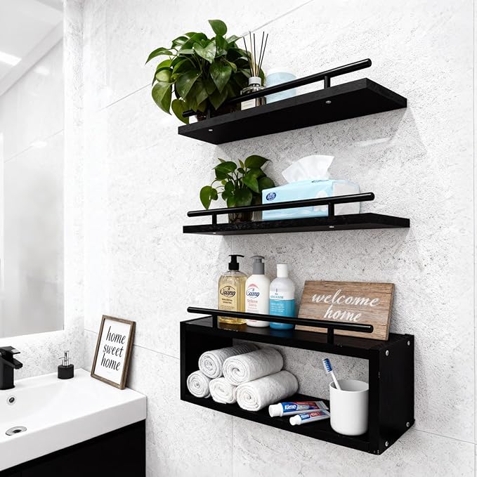 OurWarm Wood Floating Shelves for Wall Set of 3, Black Bathroom Shelves Over Toilet Organizer with Paper Towel Holder, Black Wall Shelves for Bedroom Kitchen Living Room Decor